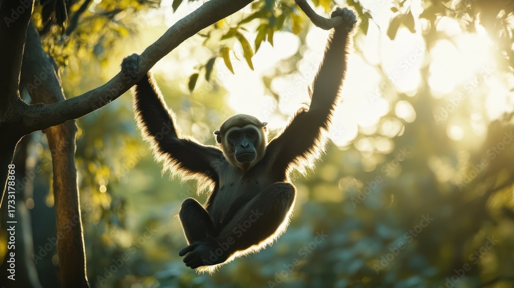 Naklejka premium Monkey hanging from tree branch in sunlight nature wildlife concept