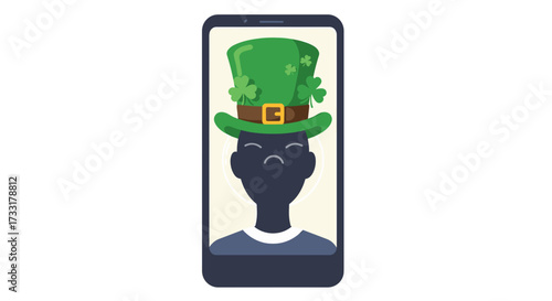 Black man wearing green leprechaun hat on smartphone selfie  