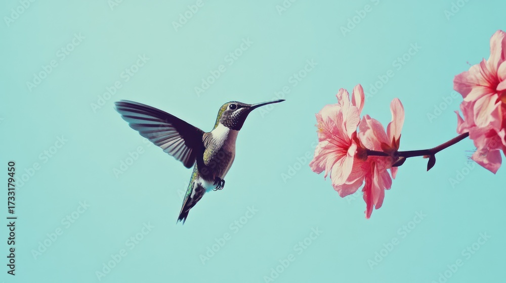 Naklejka premium Hummingbird in flight near pink flowers against a clear blue sky
