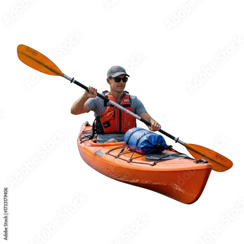 Man kayaking with paddle and gear isolated on transparent background