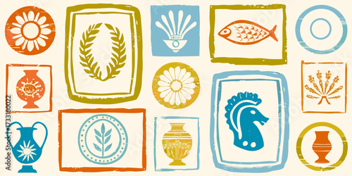 Collection of stylized ancient greek inspired motifs and symbols in a repeating pattern