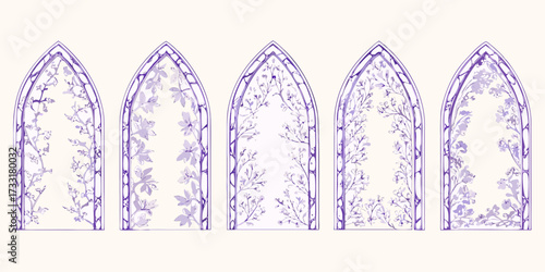 Five gothic arch windows filled with delicate purple floral and vine illustrations on a cream background