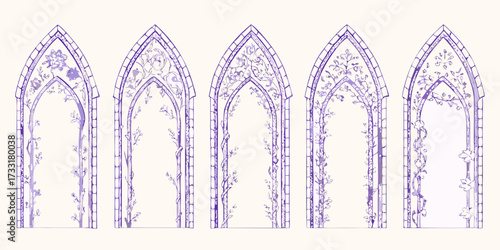 Five gothic arched windows adorned with delicate purple vines and floral elements