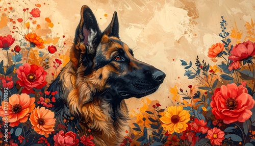 Artistic portrayal of a German Shepherd dog among vibrant red, orange, and yellow flowers, set against a warm, abstract backdrop