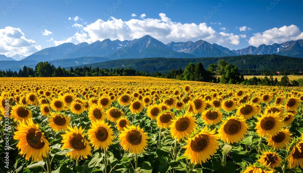 Obraz premium Sunflowers field, mountains backdrop