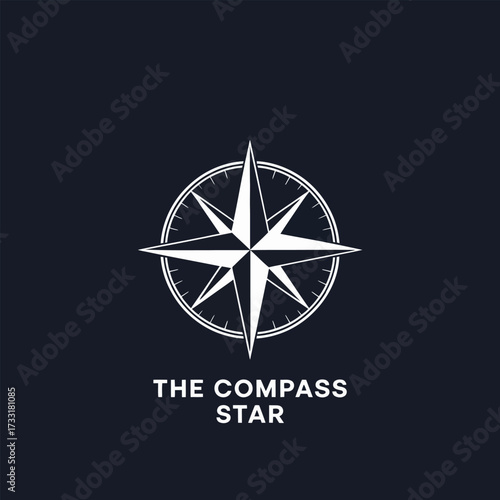 Modern compass rose symbol, maritime navigation badge, sharp geometric points, explorer logo, premium dark theme, clean vector