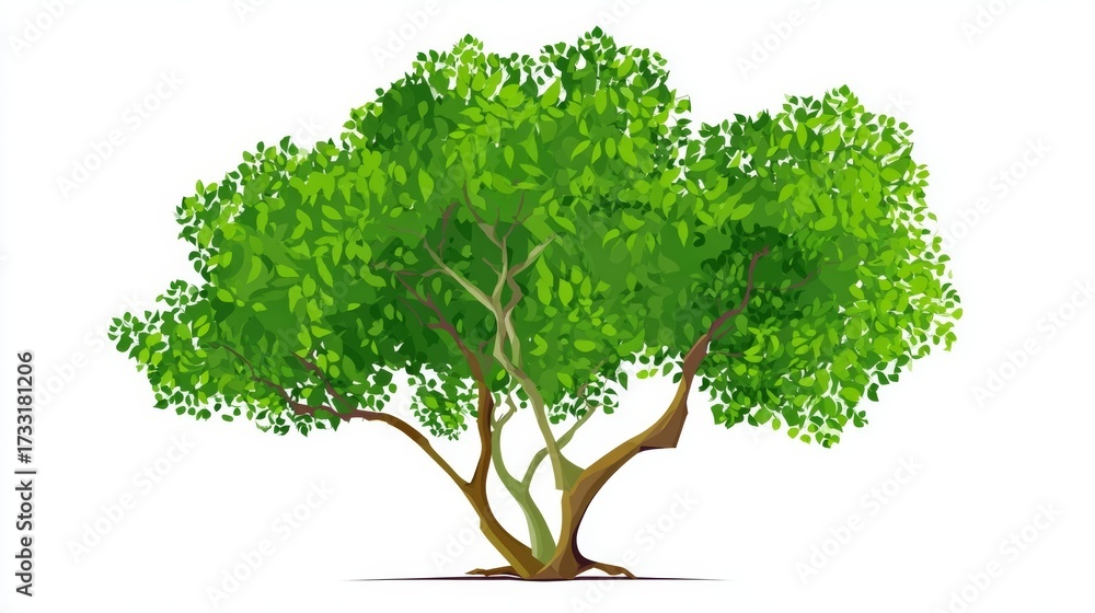 Fototapeta premium A single green tree with leaves and branches is isolated on a white background, representing nature and growth