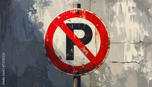 Artistic rendering of a circular road sign, boldly displaying the prohibition of parking. The sign shows visible wear and tear, contrasting with the simple, modern backdrop