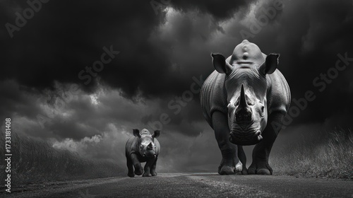 Rhino and calf standing on a path against a dramatic cloudy sky