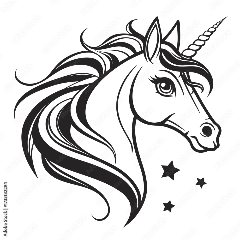 Fototapeta premium Elegant unicorn head vector illustration. Black and white unicorn head vector. Fantasy animal vector.