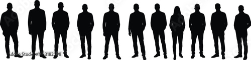Silhouette group of men and women standing together, diverse people, business casual, teamwork concept, black shadow, isolated on white background.