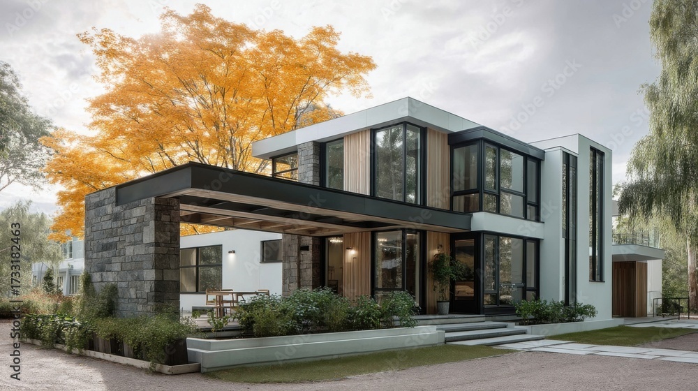 Fototapeta premium Modern two story house with contemporary design, large glass windows, sliding doors, clean lines, minimalist aesthetic,