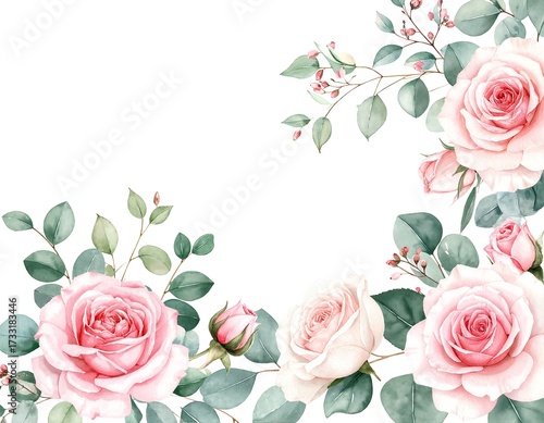A vibrant arrangement of delicate watercolor roses in soft pinks and whites, intertwined with lush green leaves, creating a romantic floral composition.