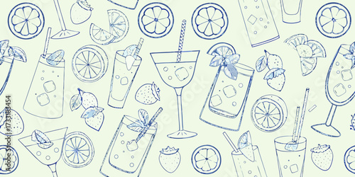 Refreshing summer drinks and fruits seamless pattern hand drawn sketch style