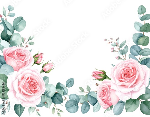 A delicate arrangement of soft pink and white watercolor roses intertwined with lush eucalyptus leaves, creating a serene and elegant floral composition.
