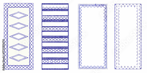 Set of four hand drawn blue decorative borders and frames with geometric and abstract patterns