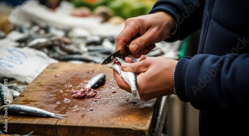 Fototapeta Naklejka Na Ścianę i Meble -  A person's hands are shown preparing a small fish on a wooden cutting board, with other fish visible in the background.