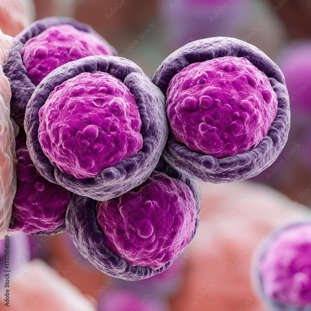 Fototapeta premium High detail microscopic visualization of macrophages moving through human tissue with sharp biological textures and photorealistic style.