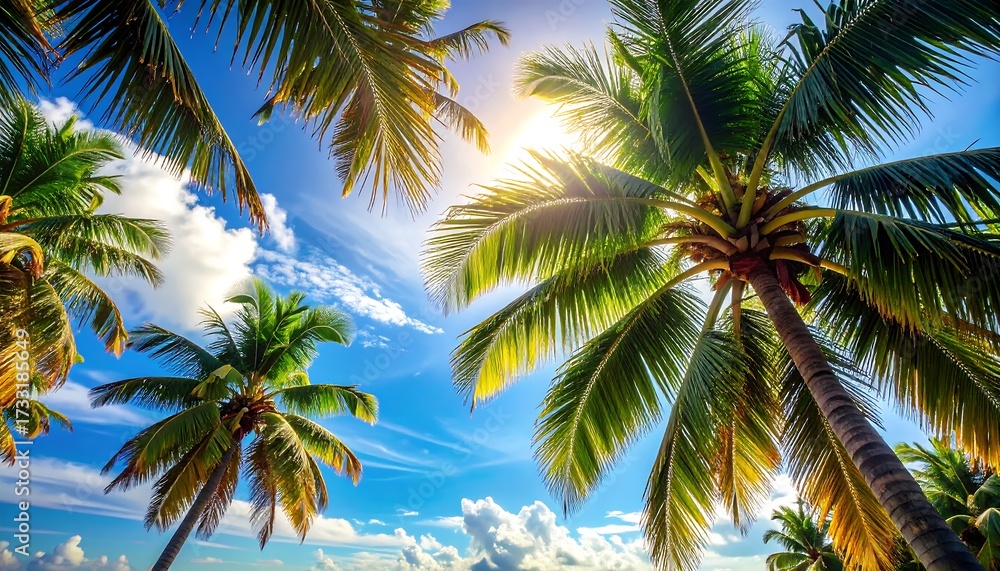 Fototapeta premium Upward view of palm trees and sun on a bright, clear day, creating a tropical scene