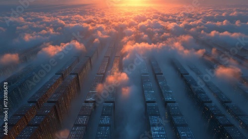 Sunset over foggy urban cityscape with tall skyscrapers and buildings emerging through dense clouds showcasing dramatic serene architecture