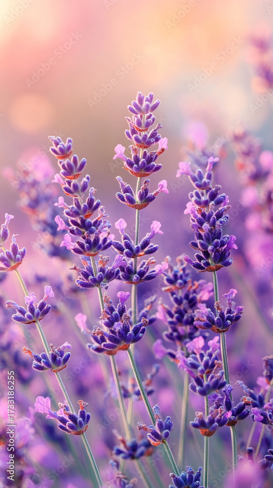 Naklejka premium Panoramic view of blooming purple lavender fields. Symbol of beauty, calmness, and natural aromatherapy. Serene floral landscape radiating fragrance, freshness, and seasonal elegance.