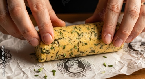 Hands rolling a log of herb butter on parchment paper, showcasing fresh green herbs mixed into the butter.