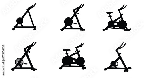 Silhouette representations of exercise bikes in varying poses and perspectives