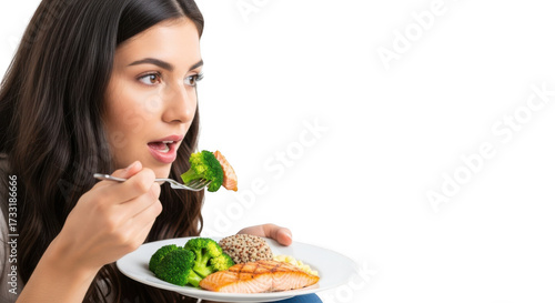 Woman eating healthy meal isolated on transparent background
