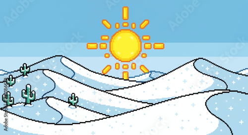 Pixel art desert landscape with snow and bright sun.