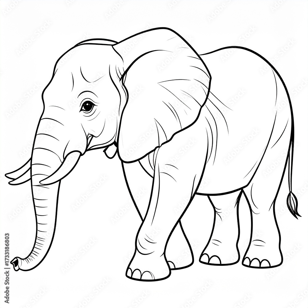 Fototapeta premium Detailed black and white line drawing of an African elephant, featuring its large ears, long trunk, and prominent tusks, suitable for coloring.
