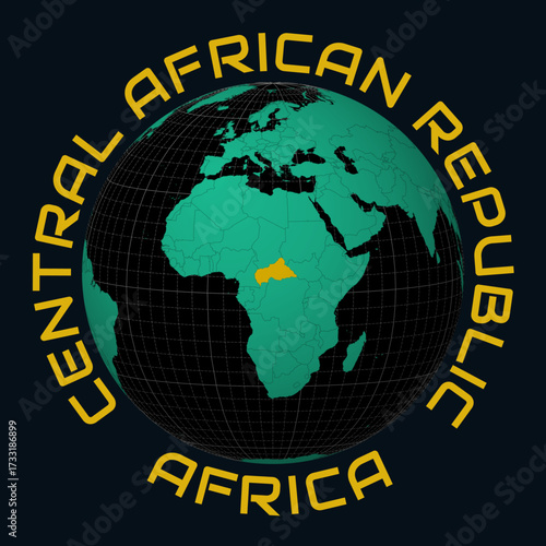 Central African Republic on Globe. Round country and continent name text. Country view on world map in Black Emerald color palette. Central African Republic shape on map. Awesome vector illustration.