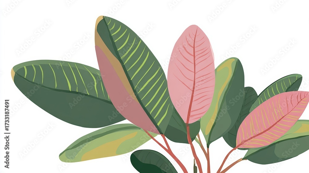 Naklejka premium Vibrant illustration of a tropical plant with large green and pink leaves against a clean white background, showcasing botanical beauty.
