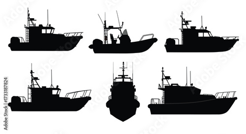 Silhouettes of various fishing boats and maritime vessels in black and white