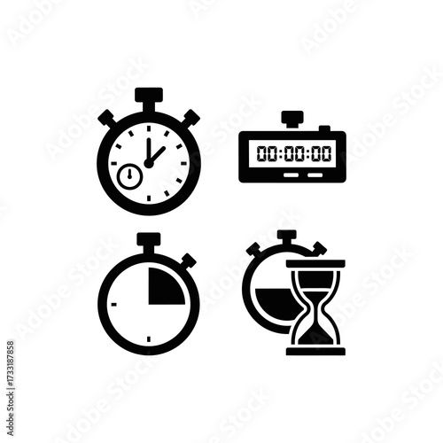 Four stylized clock icons showing reload, reset, and circular time flow, with different symbols.