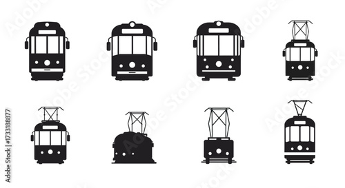 Black and white illustrations of various tramcar designs and perspectives