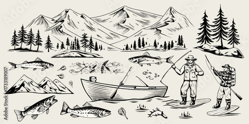 Vintage style fishing scene with mountains trees boat fish and anglers
