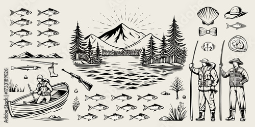 Vintage fishing scene with fishermen boats mountains and various fish illustrations