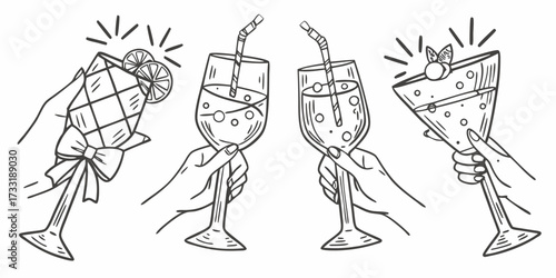 Hand holding a cocktail glass with a garnish and other hands holding drinks with straws and bubbles