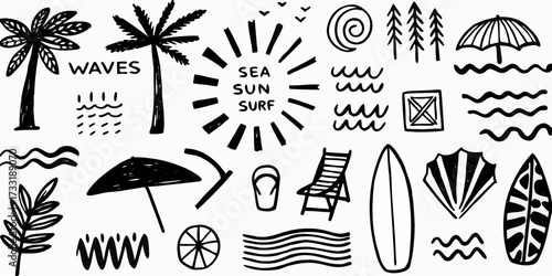 Hand drawn black and white summer beach elements collection with palm trees sun waves and surfboards