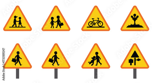 Collection of yellow warning signs depicting children and cyclists ahead