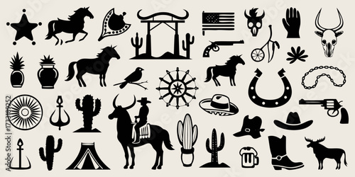 Collection of western and cowboy silhouettes and icons for design