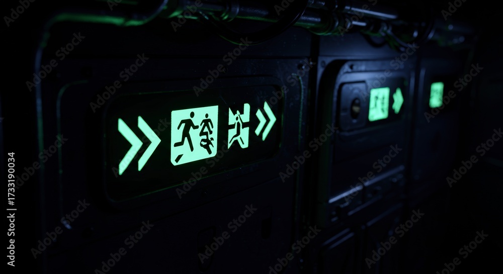 Naklejka premium Emergency exit signs illuminate in a dark environment indicating direction and safety for various applications