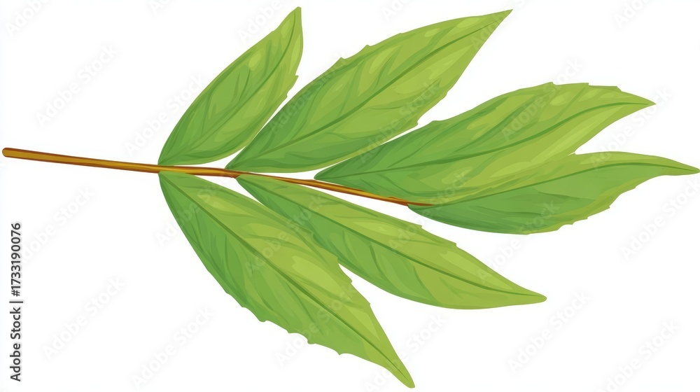 Fototapeta premium Macro closeup of fresh green leaves or branch isolated on a white background representing nature and spring growth