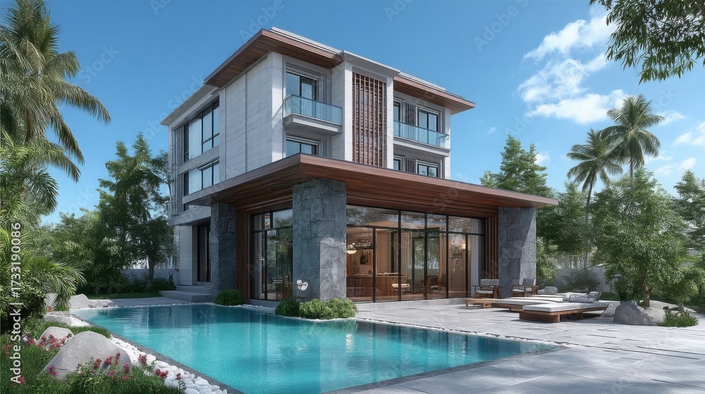Fototapeta premium Elegant modern residential building with clean lines, large glass windows, light-colored stone facade, wooden accents,