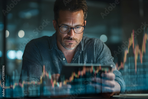 Man in glasses analyzes financial chart on tablet businessman