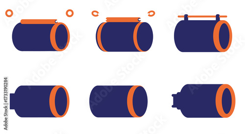 Illustrative representation of cylindrical components with orange accents in various stages