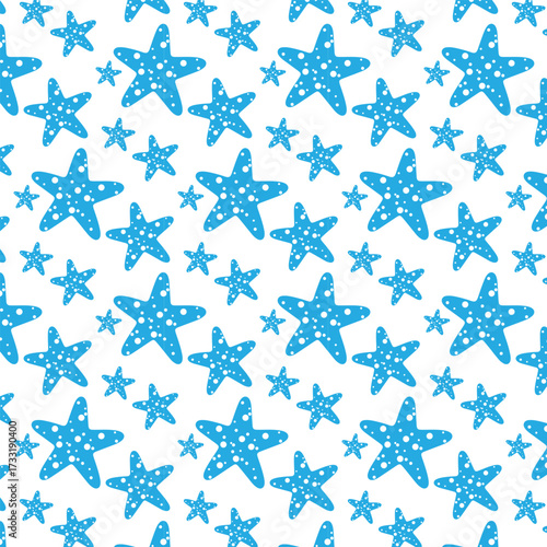 Seamless blue starfish pattern vector illustration for ocean, summer, beach, textile fabric, wrapping paper, wallpaper, kids' designs, and nautical decorative backgrounds.