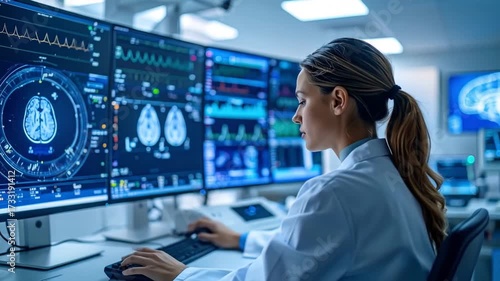 Wallpaper Mural Neurologist Examines Brain Scan on Monitor with Analyzing Medical Data in Hospital. Torontodigital.ca