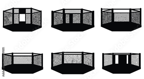 Illustrative depiction of six different octagonal cage designs in black and white
