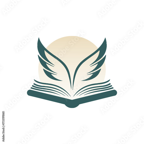 Open book wings logo, green feather pages, wisdom and growth concept, library publishing brand, clean academic vector identity